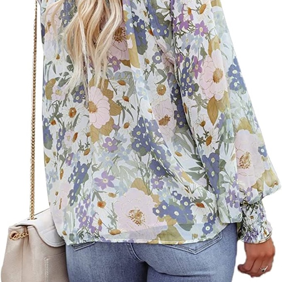 Womens V Neck Tie Front Long Sleeve Floral Blouse in Blue sz small - Picture 5 of 12